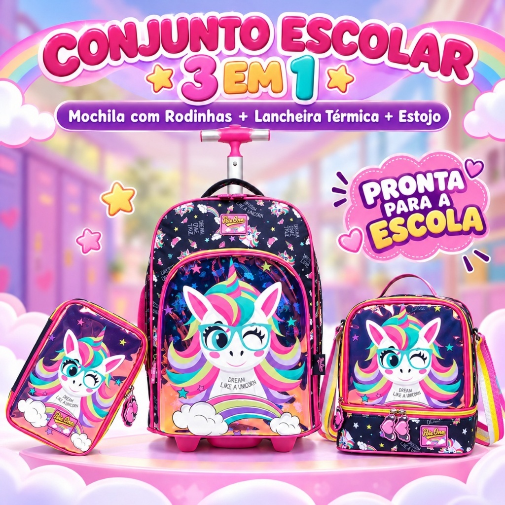 Kit Mochila Rodinha Unicórnio Lancheira Estojo Menina Escolar Espaçosa