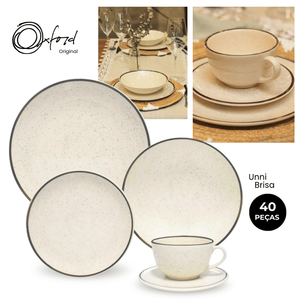 Jogo Aparelho de Jantar e Chá 40 Pçs Oxford Jogo de Pratos e Xícaras Unni Brisa Cerâmica Porcelanas