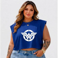 Cropped Feminino Mulher- Maravilha Sem Mangas Plus Size Oversized Casual Verão 100% Algodão