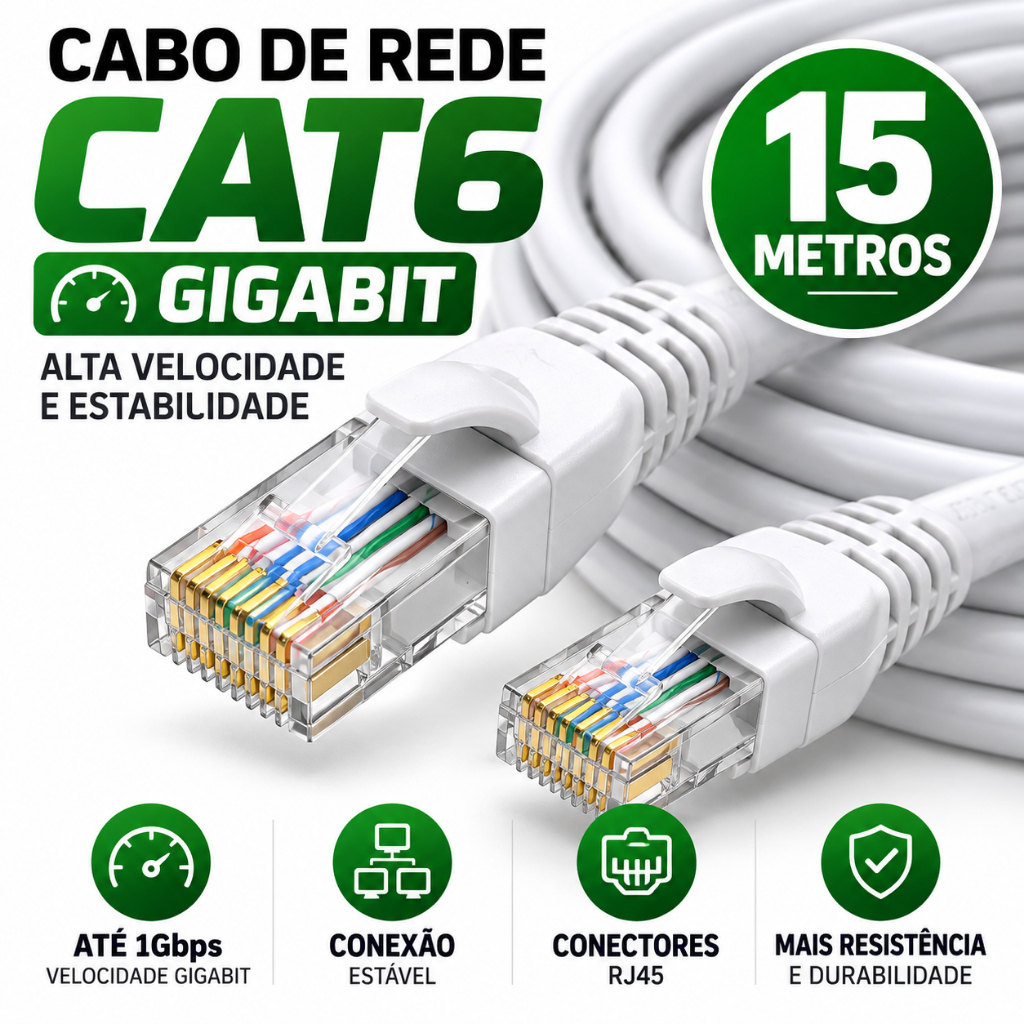 Cabo De Rede Cat6 15 Metros RJ45 Internet Gigabit Ethernet Lan Giga 10/1000 Mbps Roteador PC TV CFTV Velocidade Alta