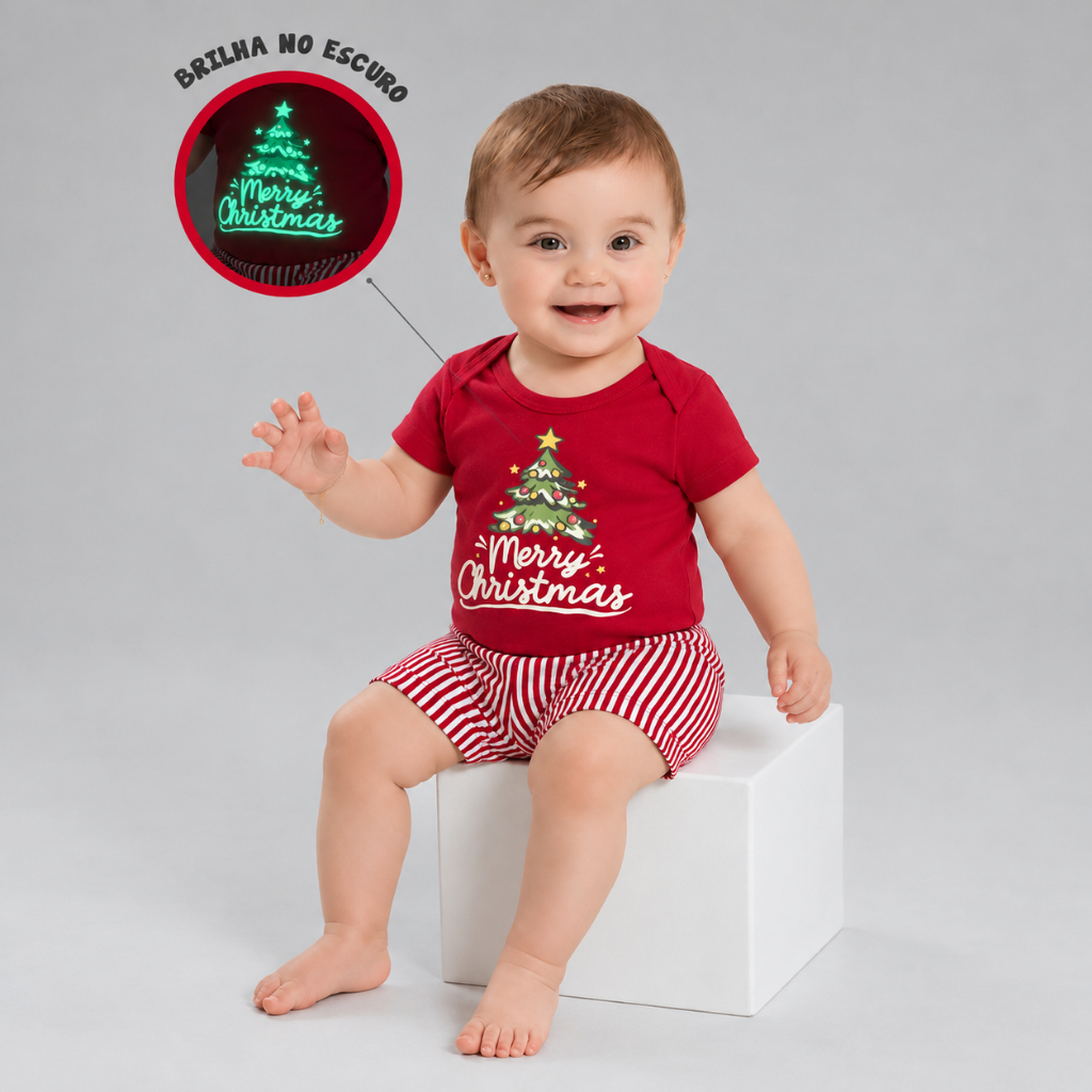 Pijama Bebê Menina/Menino Manga Curta Combinado Família Estampa Merry Christmas Natal