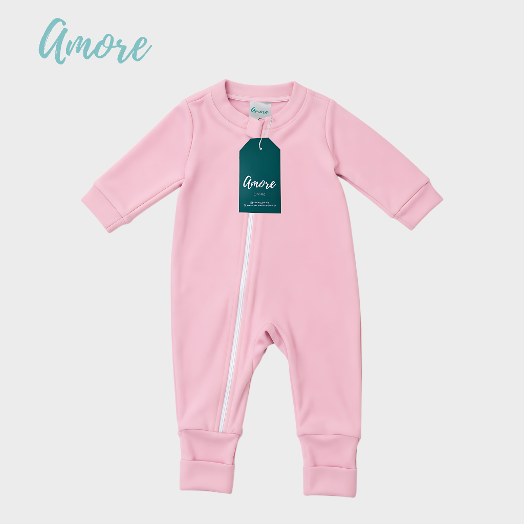 Roupa de Bebê Macacão Amore Vira Pé Rosa com Zíper Menina 100% Algodão