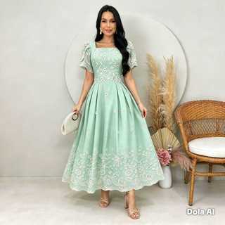 Vestido Lançamento Bordado Tecido Sarja Viscoso Vestido Delicado Evangélico Midi Com Elastico Nas Costas Eventos, Cultos