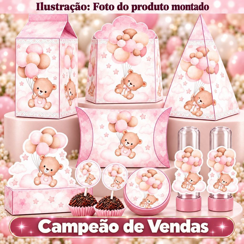KIT COM 90/180 ITENS TEMA: CHÁ DE BEBÊ URSINHA ROSA LEMBRANCINHAS COM/SEM NOME - Envio 24H