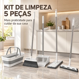 Kit Completo de 5 Peças para Limpeza Vassoura + Rodo + Pá  +balde e Rodo Conjunto de esfregão -S7