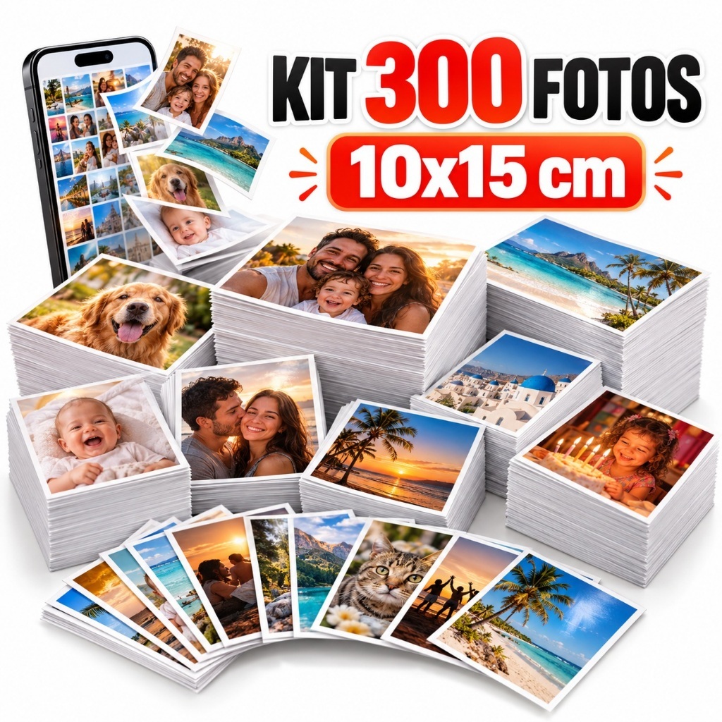 Revelação de Fotos do Celular - Kit 300 Fotos 10x15 Reveladas - Tipo Papel: Fotográfico Brilho