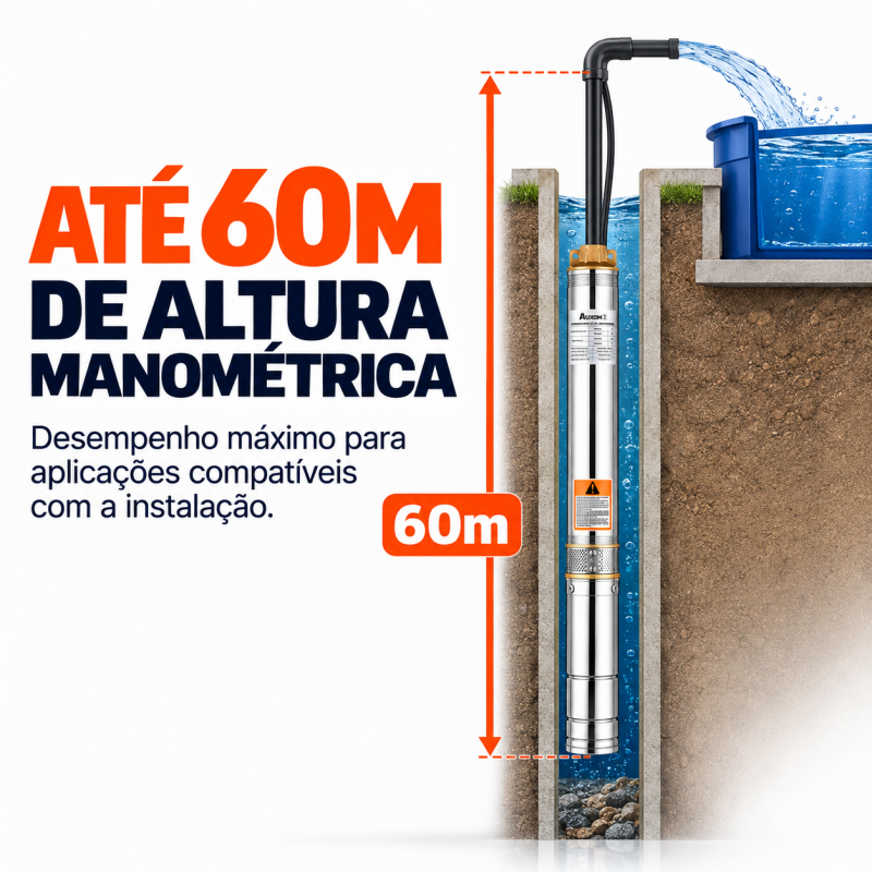 Bomba Submersa Caneta AUXOM 3/4HP 550W 2,5 Pol Inox Para Poço Artesiano 60m 3600L/h Cabo 10m — imagem 2 de 2