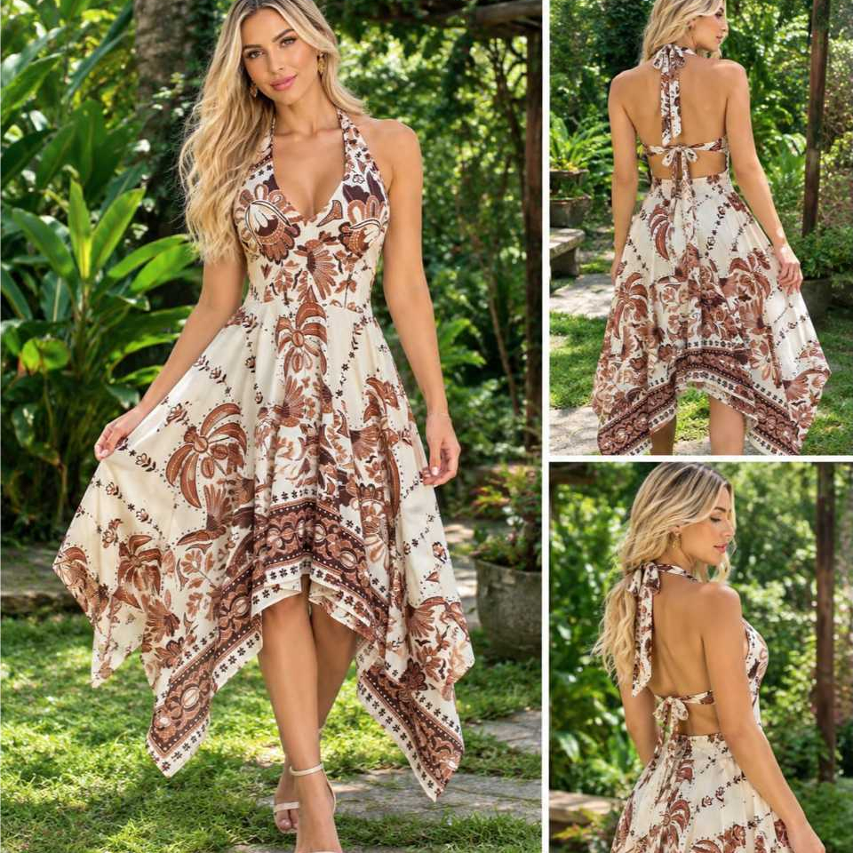 Vestido Midi assimetrico Encanto Boho .