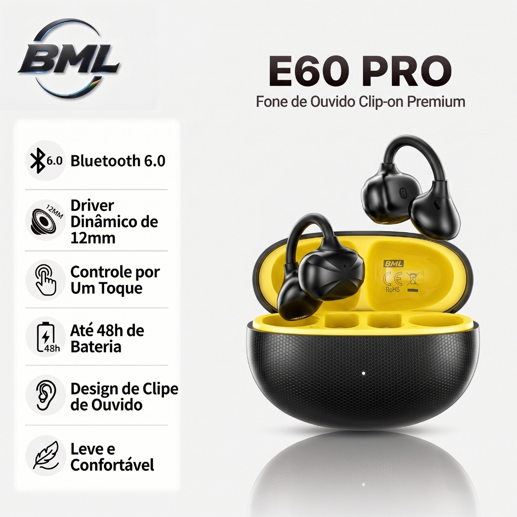 BML Fone de Ouvido Bluetooth Sem Fio Clipe De Orelha Som HD Redução de Ruído ENC, Esportes e Jogos