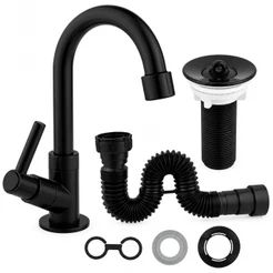 Kit Para Cuba Lavatório Torneira Pia de Banheiro Preta ABS + Valvula 7/8 + Sifão