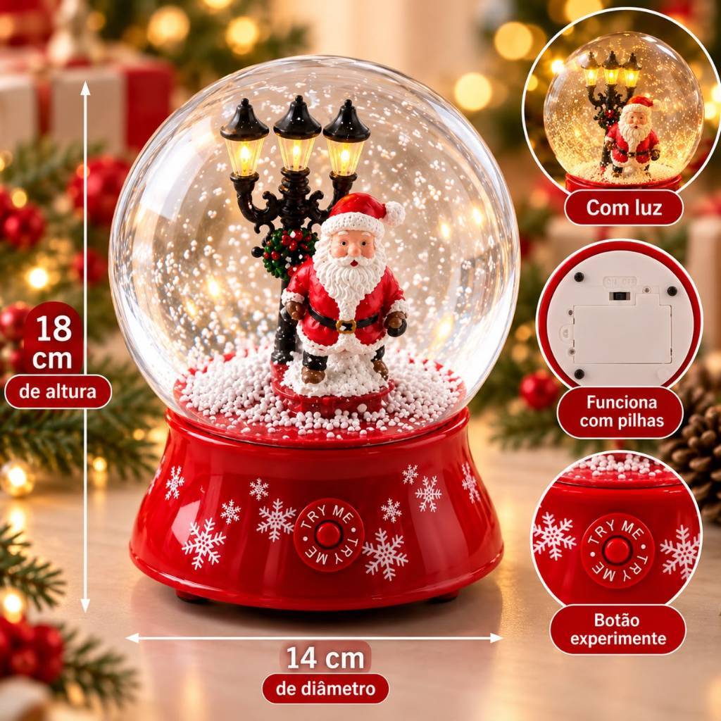 Globo de Neve Papai Noel e Poste Cenário de Natal Iluminado Led 18cm