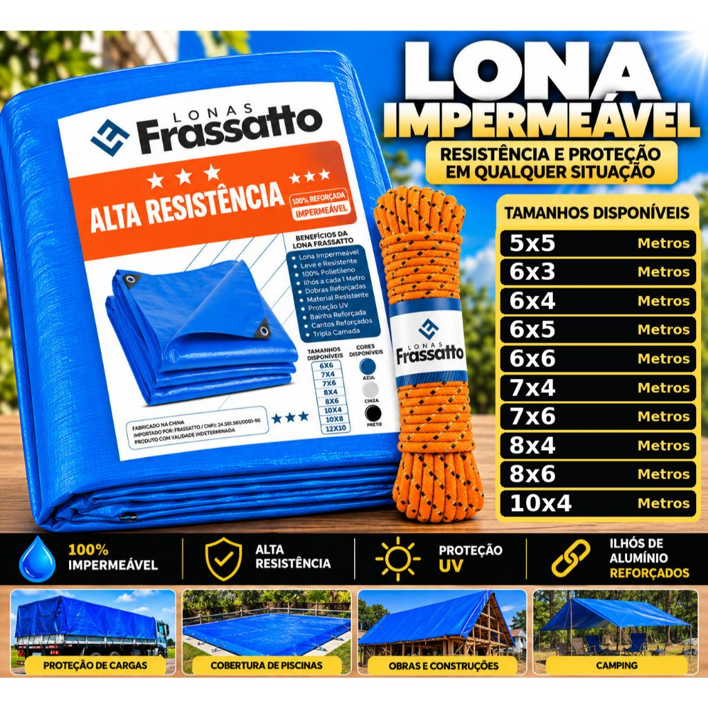 Lona Impermeavel Azul 5x5 6x3 6x4 6x5 6x6 7x4 7x6 8x4 8x6 10x4 Reforçada Piscina Construção + Corda