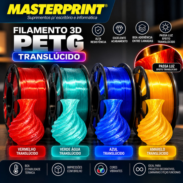 Filamento PLA/ PETG Masterprint 1KG 1,75mm para Impressora 3D Alta Qualidade Diversas Cores
