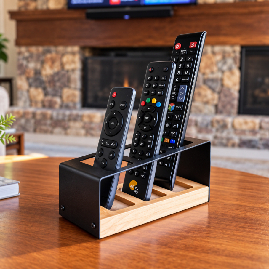 Porta Controle Remoto Organizador De Mesa 3 Controles TV Aço Madeira Minimalista Rack Estante