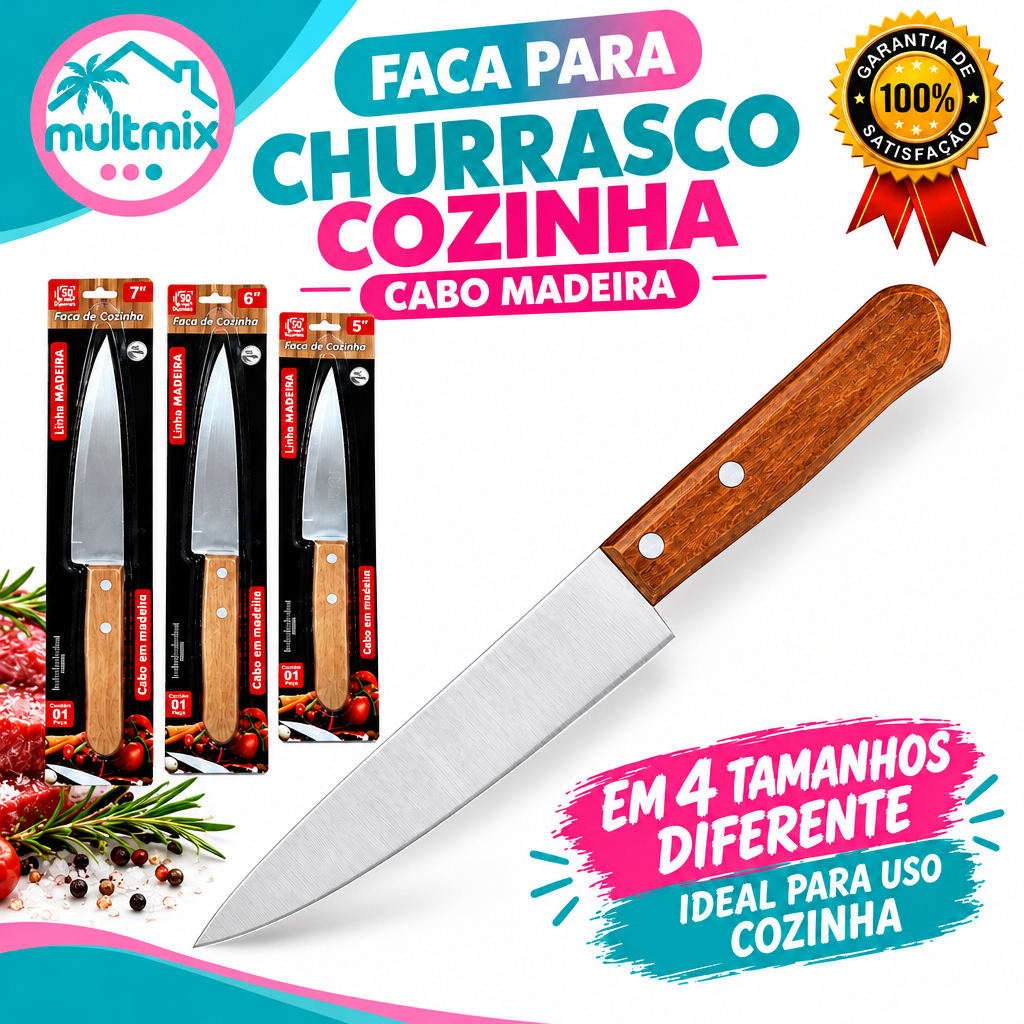 Faca Para Churrasco Cozinha Cabo Madeira Chef Açougueiro Afiada