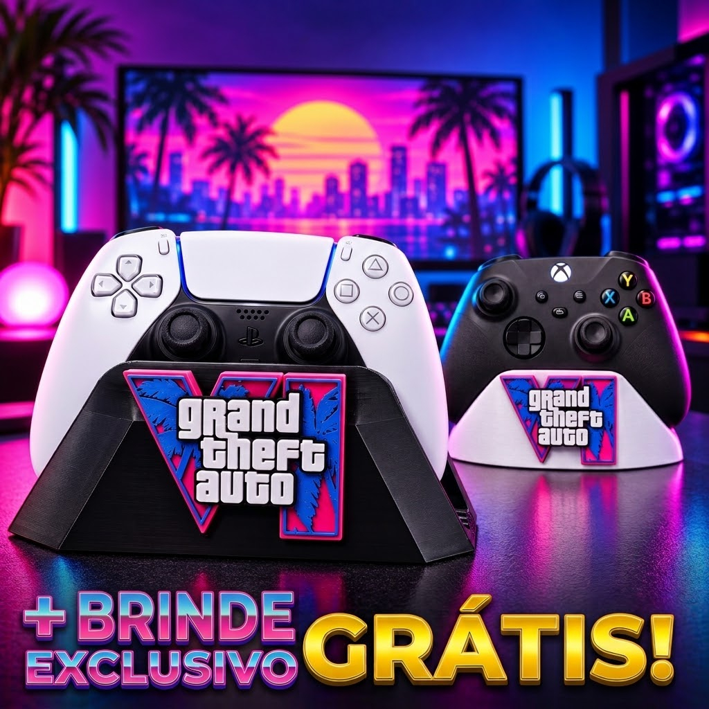 Suporte Porta Controle GTA 6 GTA VI PS5 PlayStation 5 DualSense Xbox Series X/S One Base Gamer Decoração Setup3d +BRINDE