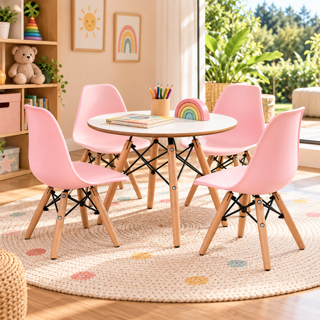 Conjunto Mesa Infantil Redonda 60cm com 4 Cadeiras Eames Quarto e Brinquedoteca
