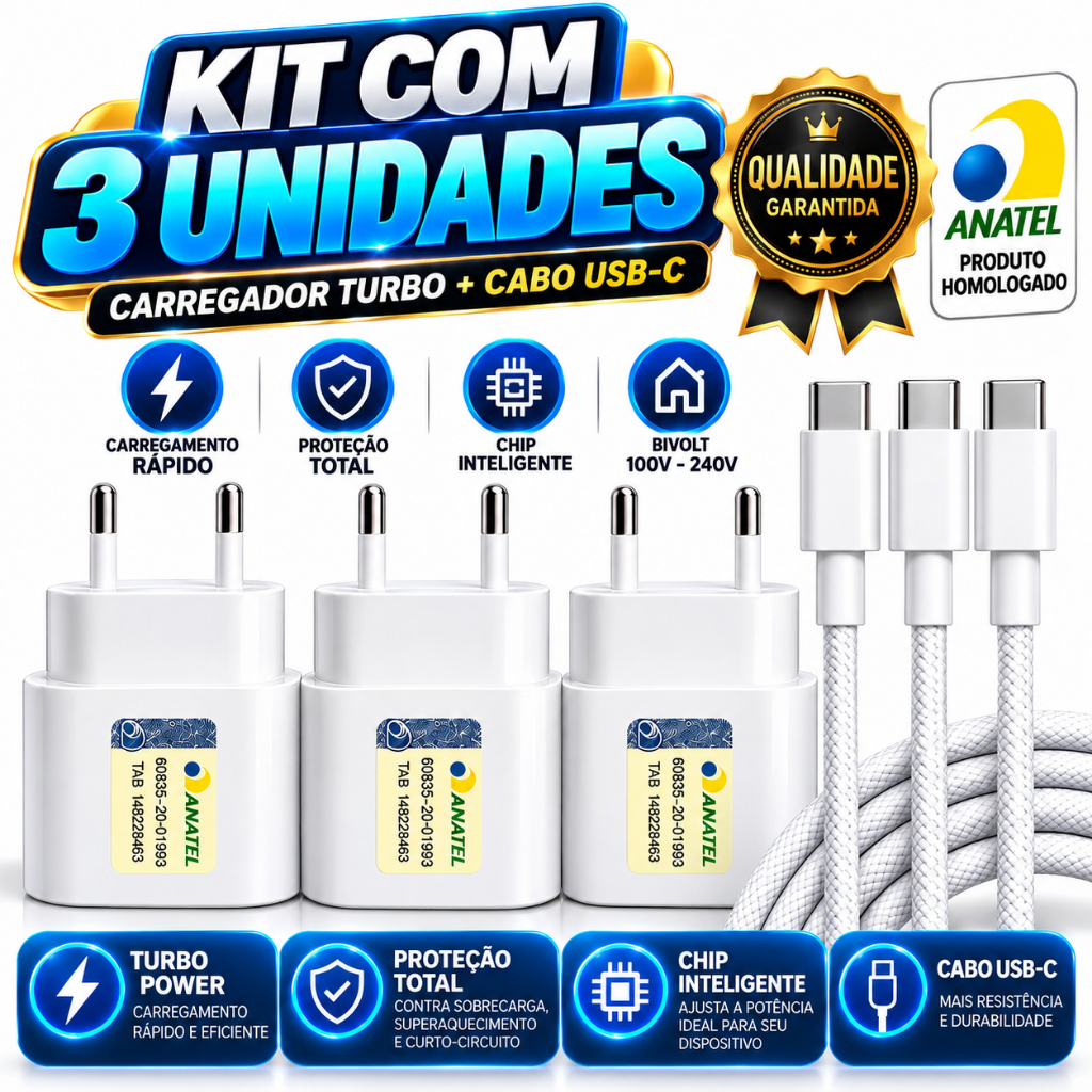 Kit Carregador 35W Tipo C Turbo com Cabo Reforçado Compatível iPhone 15 16 17 Fonte USB-C Carga Rápida ENVIO IMEDIATO