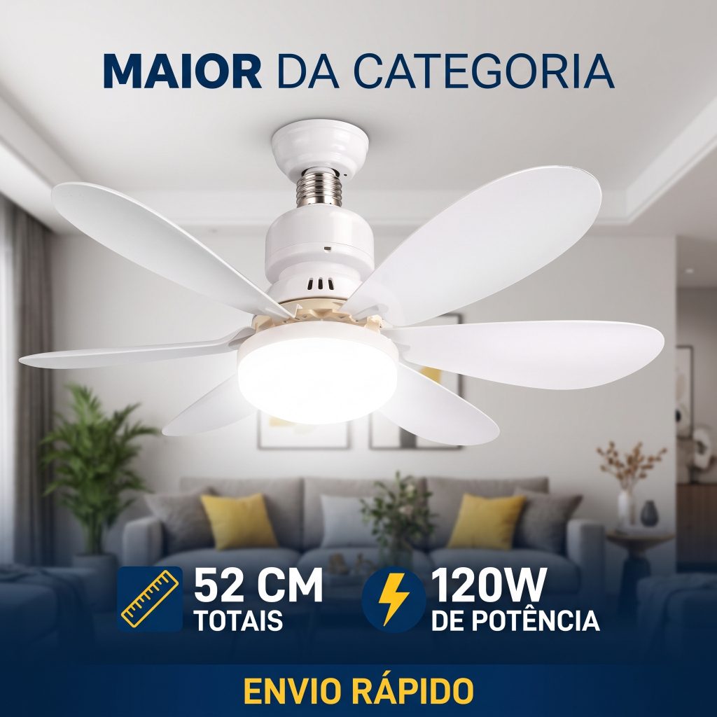 Lâmpada LED com Ventilador de Teto 120W 52 cm Bivolt Controle Remoto Iluminação Ajustável e Ventilação Bocal E27