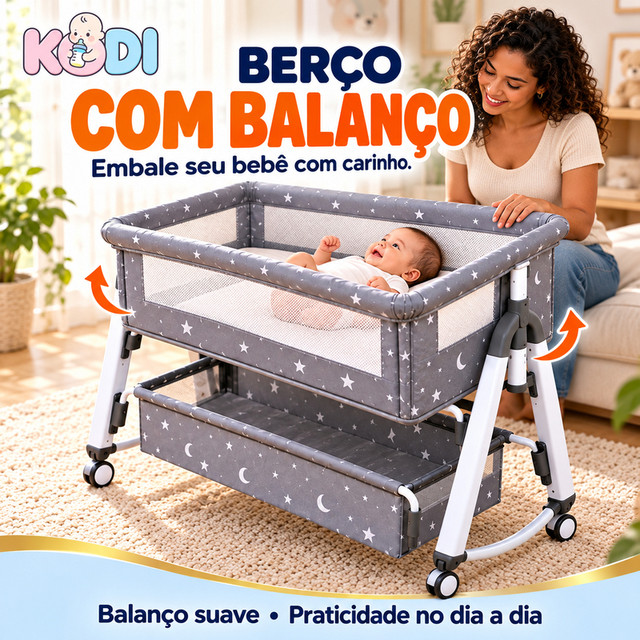 Berço Portátil 3 em 1 para Bebê com Balanço, 5 Alturas, Rodízios, Mosquiteiro e Colchão KODI