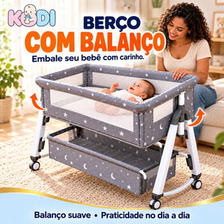 Berço Portátil 3 em 1 para Bebê com Balanço, 5 Alturas, Rodízios, Mosquiteiro e Colchão KODI