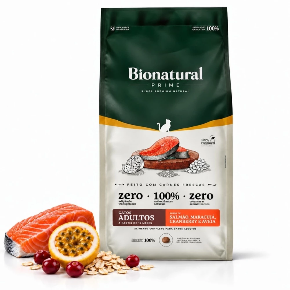 Ração Bionatural Prime Gatos Adultos Salmão 7,5kg Super Premium Natural Sem Transgênicos e Sem Corantes Envio Imediat