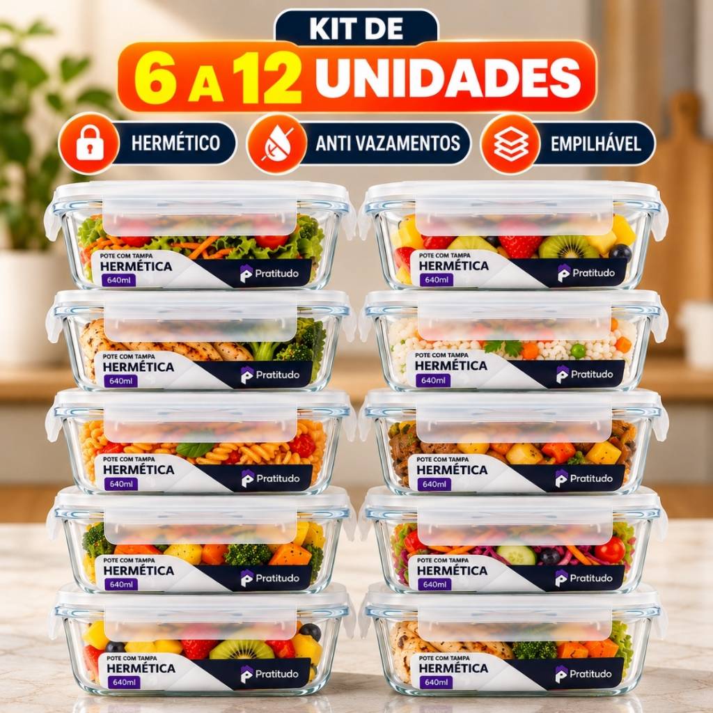 Imagem Kit de 6 até 12 Potes de Vidro 640ml - 370 ml Hermético Marmita Fit com Tampa 4 Travas Premium
