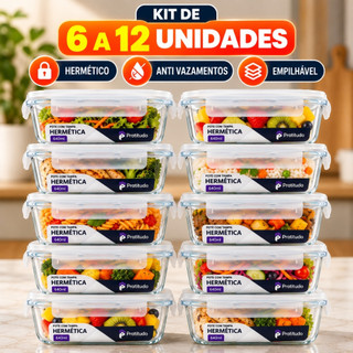 Kit de 6 até 12 Potes de Vidro 640ml - 370 ml Hermético Marmita Fit com Tampa 4 Travas Premium