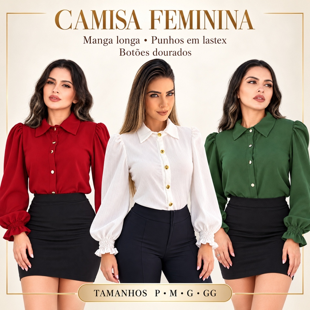 Blusa Feminina Branca Social Manga Longa Elegante Botões Moda Feminina Trabalho Escritório