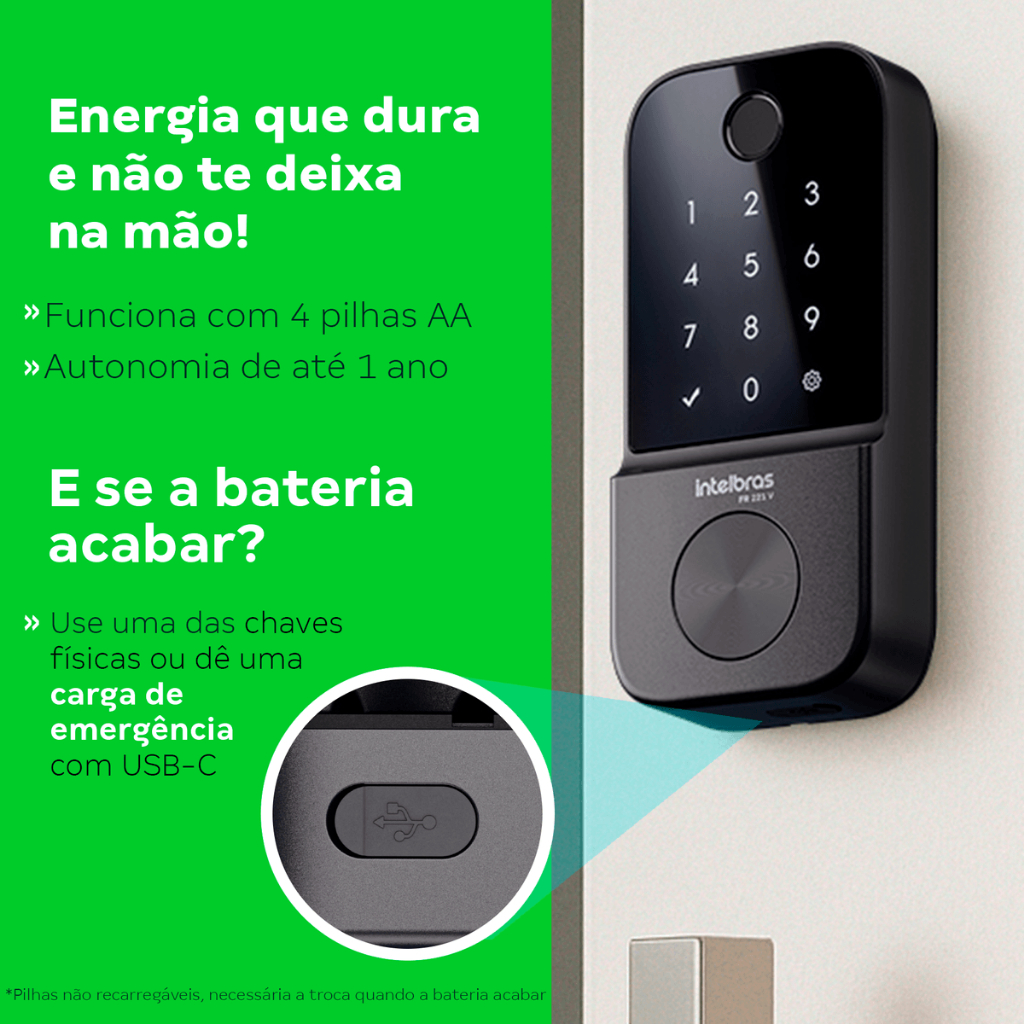Fechadura Digital de Embutir FR 221V Biométrica com Senhas Sem Chave Intelbras