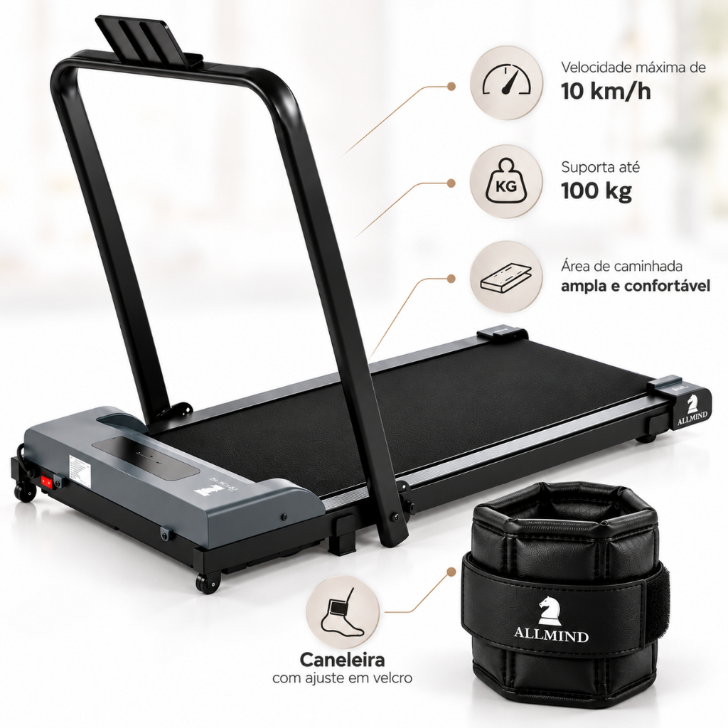 Esteira Elétrica Ergométrica Dobrável Allmind com Caneleira 6kg Peso Academia Fitness Treino Fit