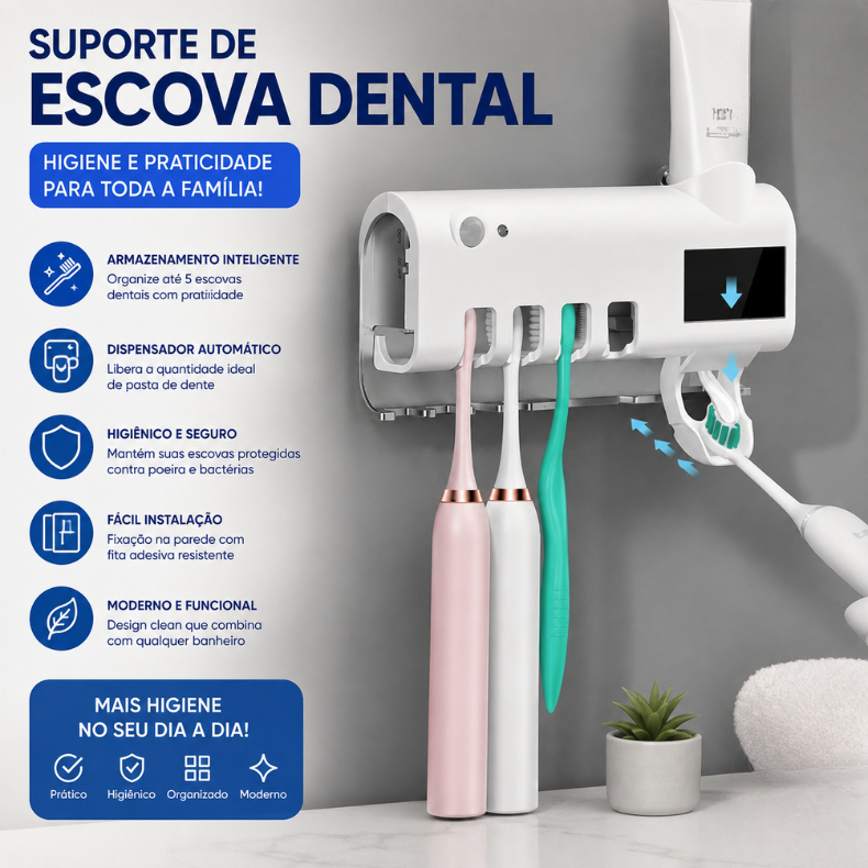 Aplicador Pasta de Dente Dispenser Porta Escovas Com Esterilizador UV Automático