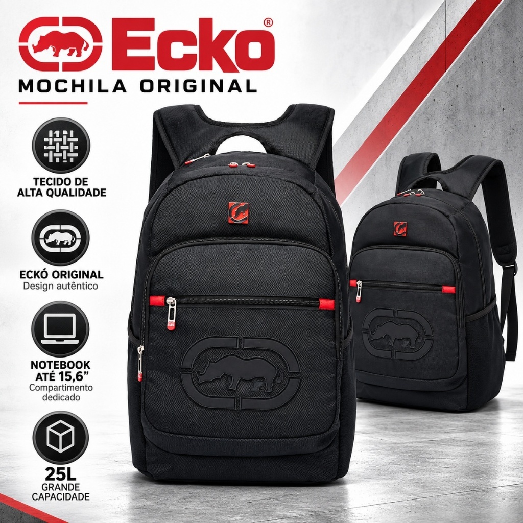 Mochila Preta Bolsa Ecko Masculina Reforçada Trabalho Passeio Faculdade Resistente