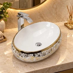 Kit Cuba Apoio Oval Louça Decorada Dourada Torneira Cascata Cromada