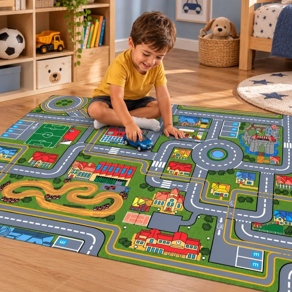 Tapete Atividades Infantil Pista Corrida Carrinho 200x100cm Grande Quarto Menino Carros Caminhao