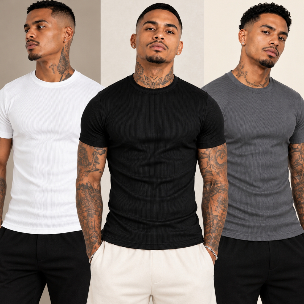 Camiseta Masculina Canelada Estilo Americana Blusa Básica Slim Fit Justa Ribana Hip Hop Rapper Verão Premium