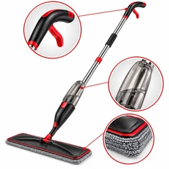 Mop Spray Flat Com Reservatório Rodo Mágico Limpeza Piso Refil Microfibra Lavável Cabo Inox Giratório 360°