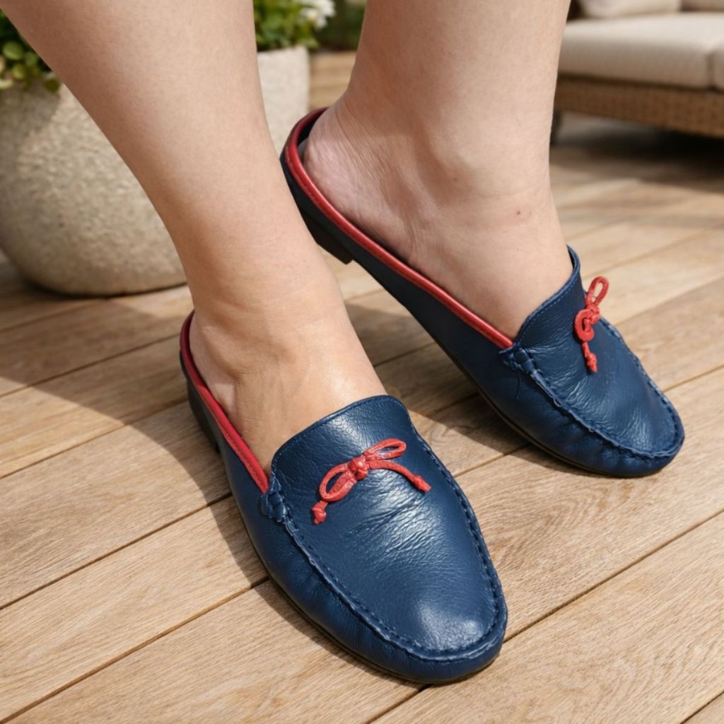 Mocassim Couro Legítimo Feminino Mule Confortavel Prático Sem Salto Azul Marinho Leve Laço ELAINE 41