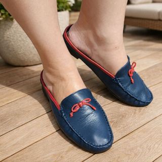 Mocassim Couro Legítimo Feminino Mule Confortavel Prático Sem Salto Azul Marinho Leve Laço ELAINE 41