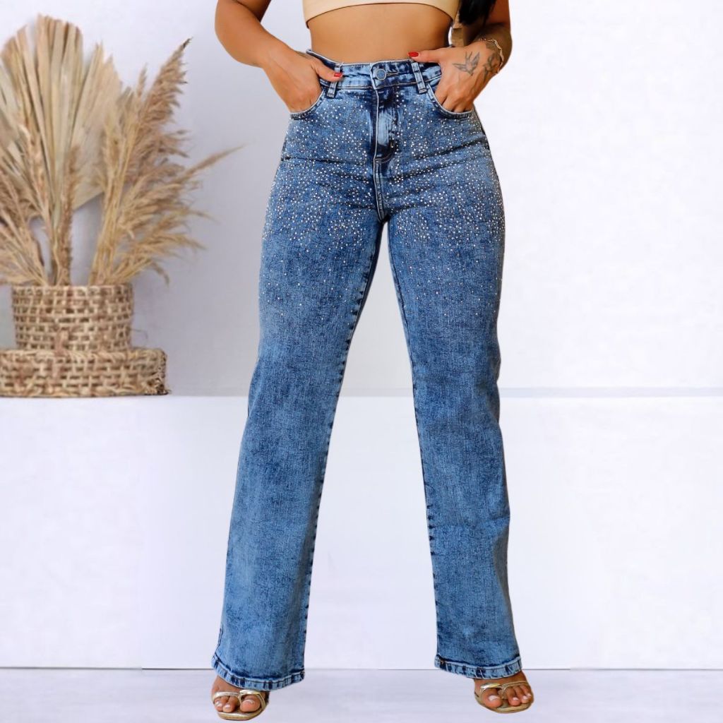 Calça Jeans Feminina Wide Leg Lavagem Azul BRILHO - STRASS com Lycra Cintura Alta Pantalona Tecido Grosso Premium