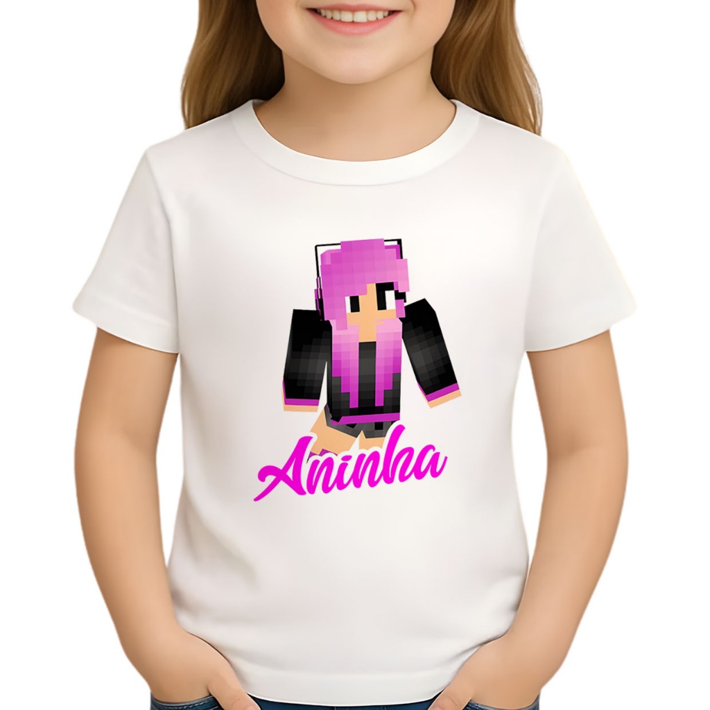 Camiseta MineCraft menina Personalizada com nome - Camiseta do Mine rosa com nome (LEIA A DESCRIÇÃO )
