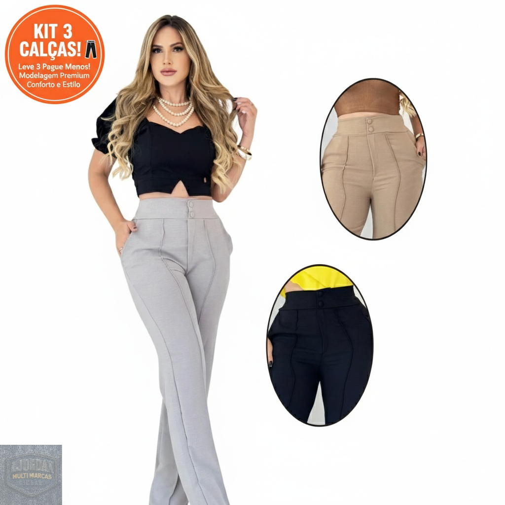 Kit 3 Calças Alfaiataria Feminina Executiva Social Confortável Elástico Cintura Variadas, Ajordan