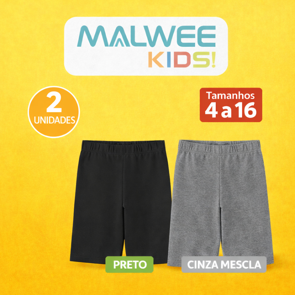 Kit 1,2 ou 3 Bermuda Ciclista Infantil Menina Cotton Malwee Kids Básica Short Escolar 4 a 16 Anos