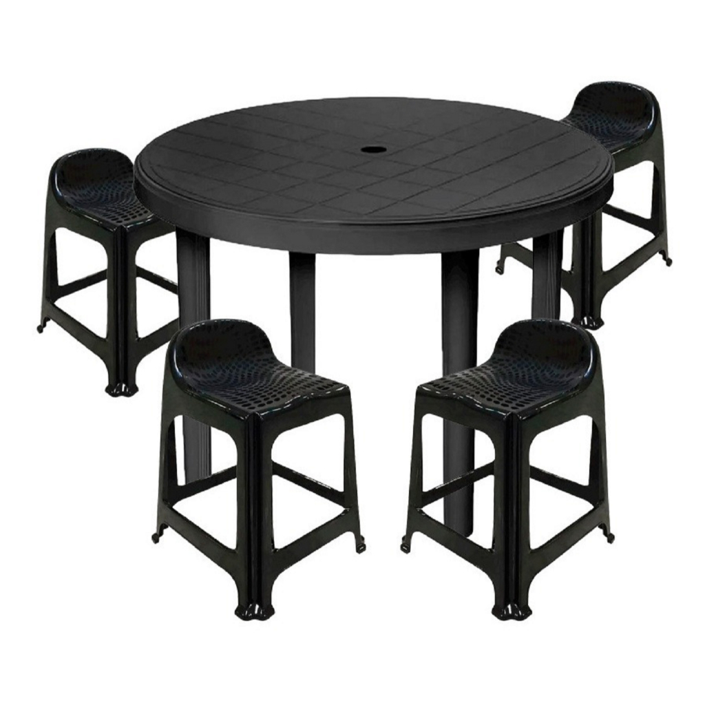 Kit 1 Mesa Redonda Com Pés Desmontáveis Com 4 Cadeiras Bancos Banquetas Conjunto Completo Plástico