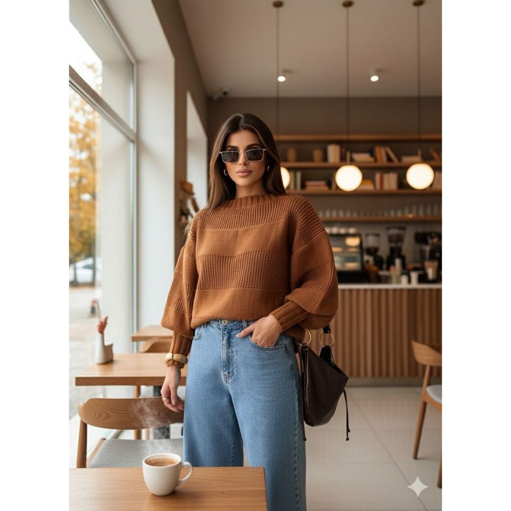 Blusa Feminina Manga Longa Bufante blusa feminina estilosa Inverno Over Size Moderno Tricot
