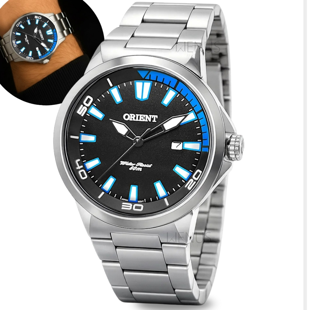 Relógio Orient Masculino De Pulso Prateado Casual Em Aço Inox Quartz Data Brilha No Escuro Prova D'água 5 ATM Original