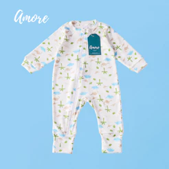 Macacão de Bebê Longo Amore Vira Pé Dino Com Zíper 100% Algodão