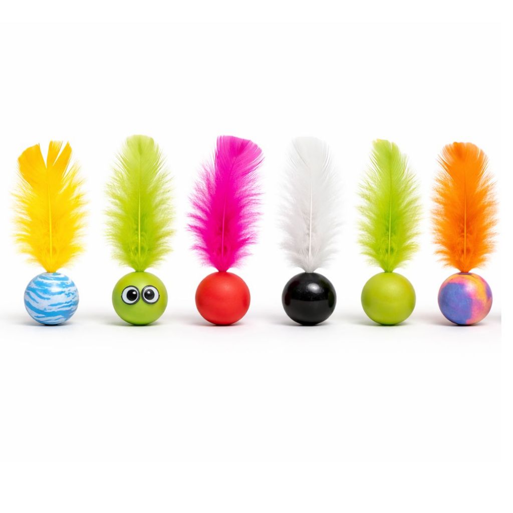 Kit 6 Bolinhas Interativas Para Gatos Silicone Colorido Com Penas Brinquedo Antiestresse Pet