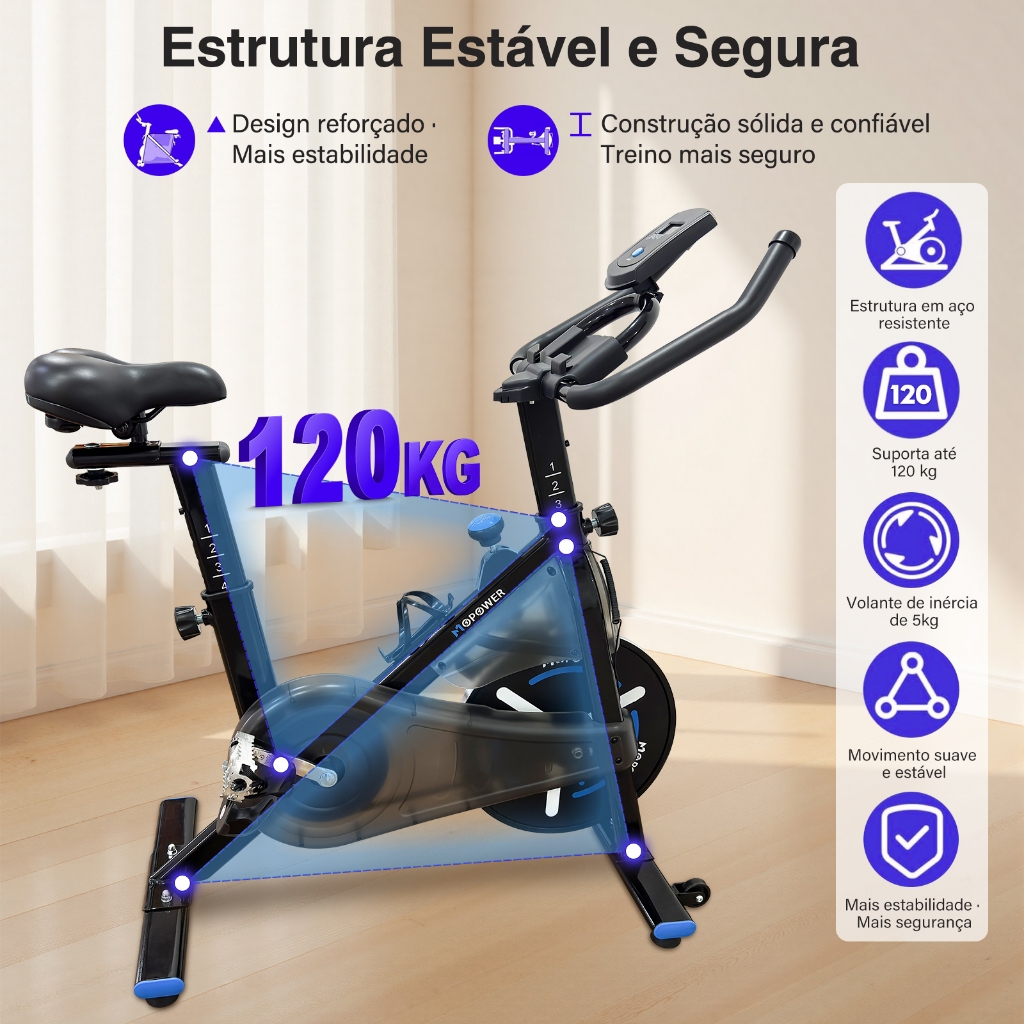 Bicicleta Ergométrica Spinning MOPOWER Profissional Silenciosa Academia em Casa Suporta 120kg Volante 5kg com Monitor