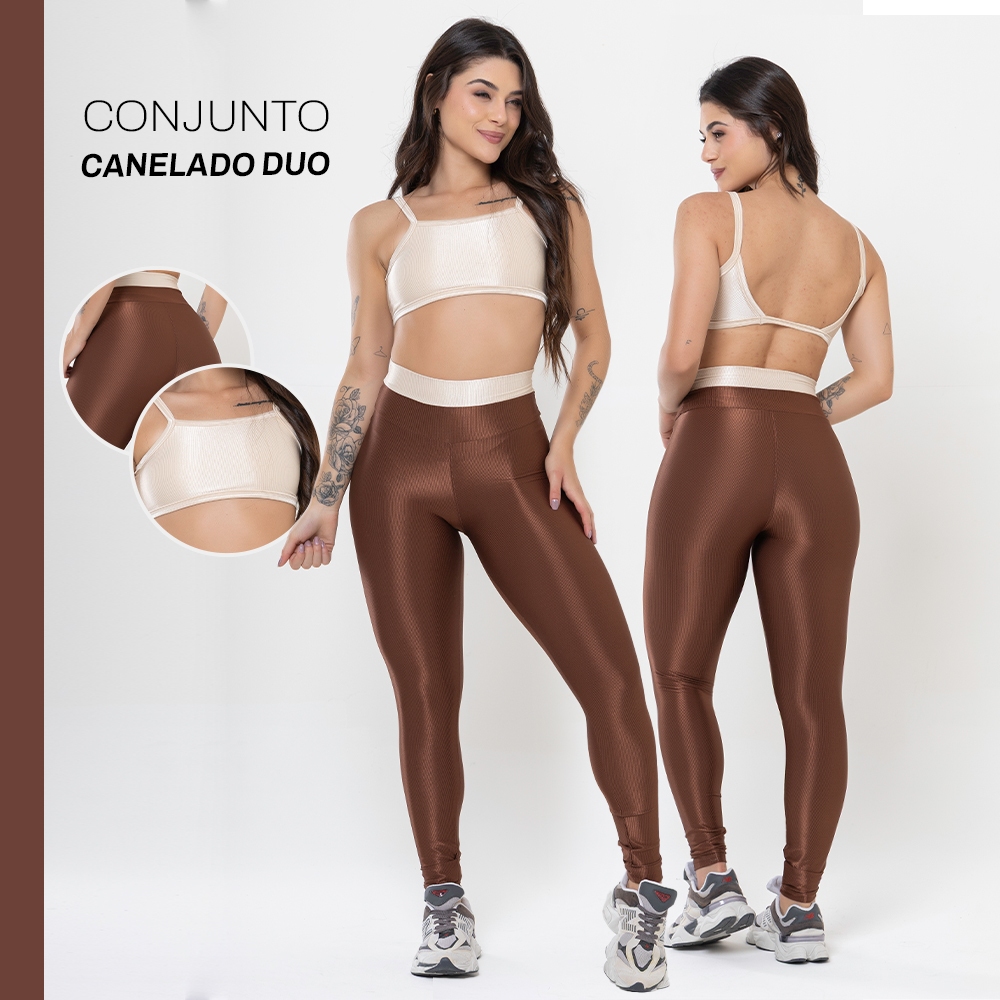 Conjunto Fitness Feminino Trilobal Canelado Brilhoso – Top + Legging Cós Alto Modelador Academia em Oferta na Shopee